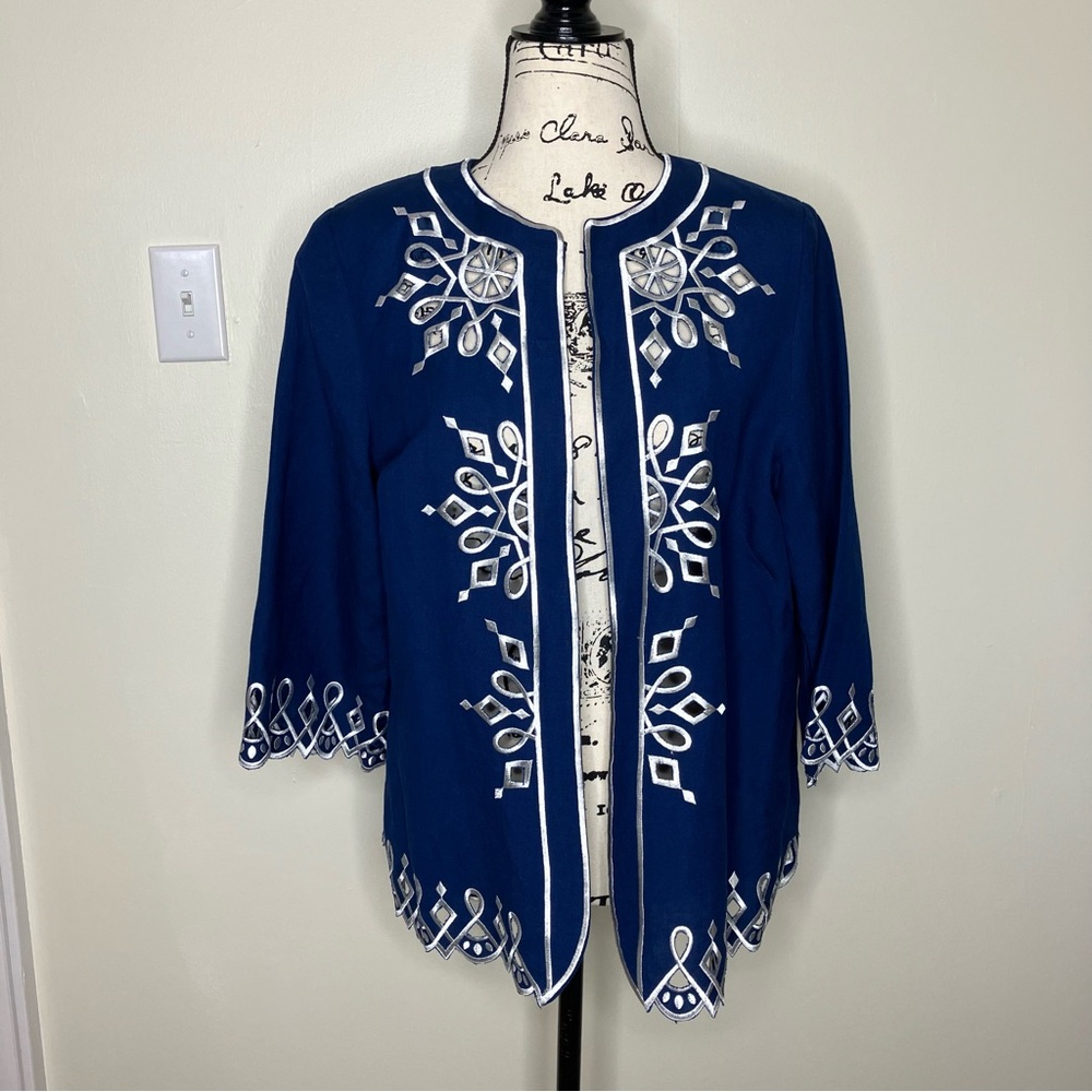 Bob Mackie Wearable Art blue embroidered cut out linen jacket S